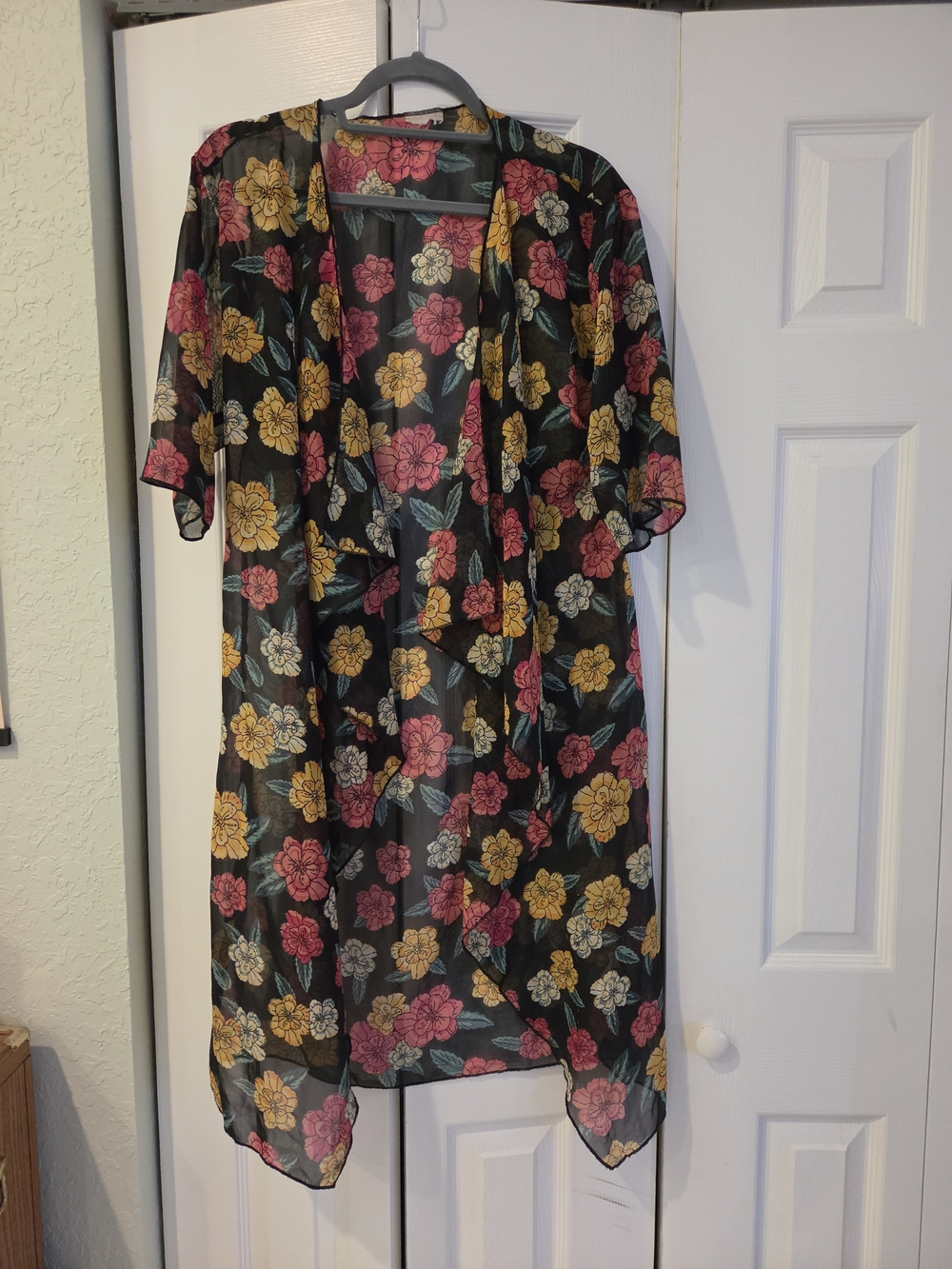LuLaRoe Sheer Floral Kimono Duster - Black with Yellow & Pink Flowers